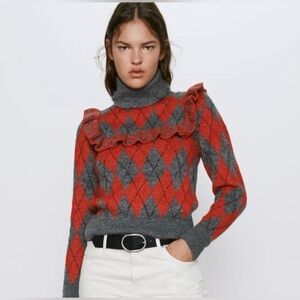 Zara Mohair Turtleneck Sweater Red Gray Diamond Ruffle NWT Womens Small Soft